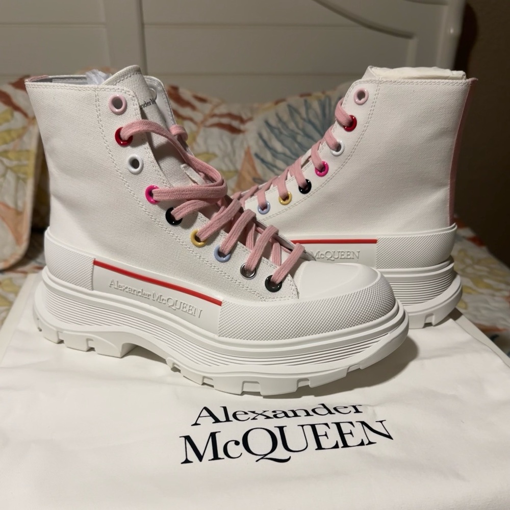 Alexander McQueen White and Pink High-Top Sneakers